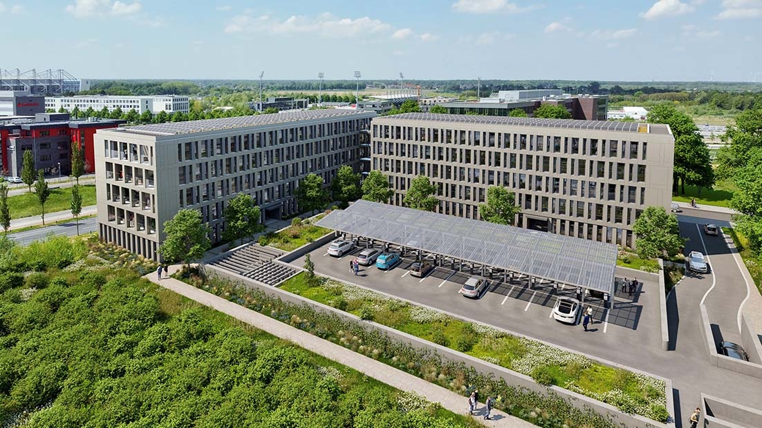 BOB.Mönchengladbach übersichtsbild mit Photovoltaikanlage und Parkmöglichkeiten für Mitarbeitende
