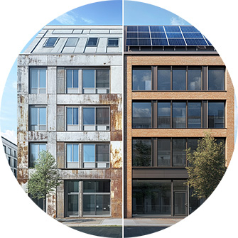 geteiltes Bild eines Gebäudes. Links im alten Zusand, rechts nach der Sanierung